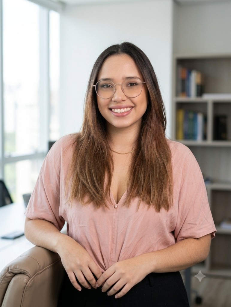 Paula Cavalcante, designer e desenvolvedora, em ambiente profissional de trabalho